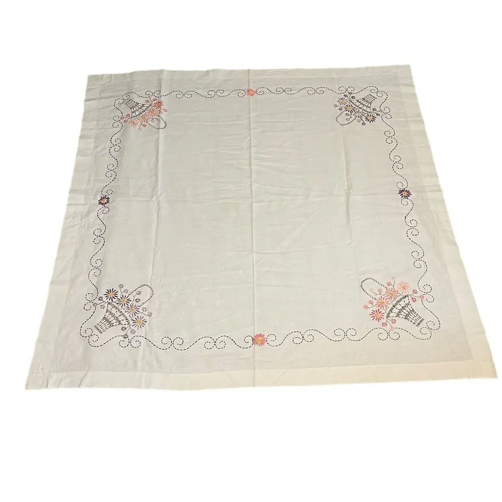 Vtg Hand Embroidered Tablecloth Flower Basket Floral Cottage Farm 49x49.5”